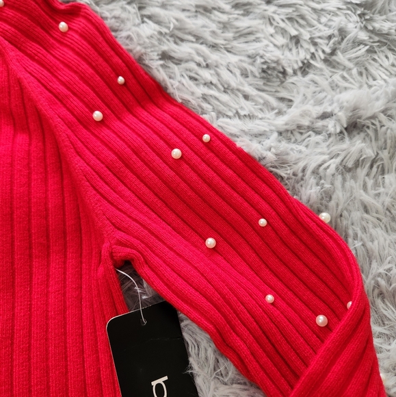 Bebe Red Rhinestone Logo Faux Pearl Embellished Long Sleeve Shirt - Picture 5 of 8